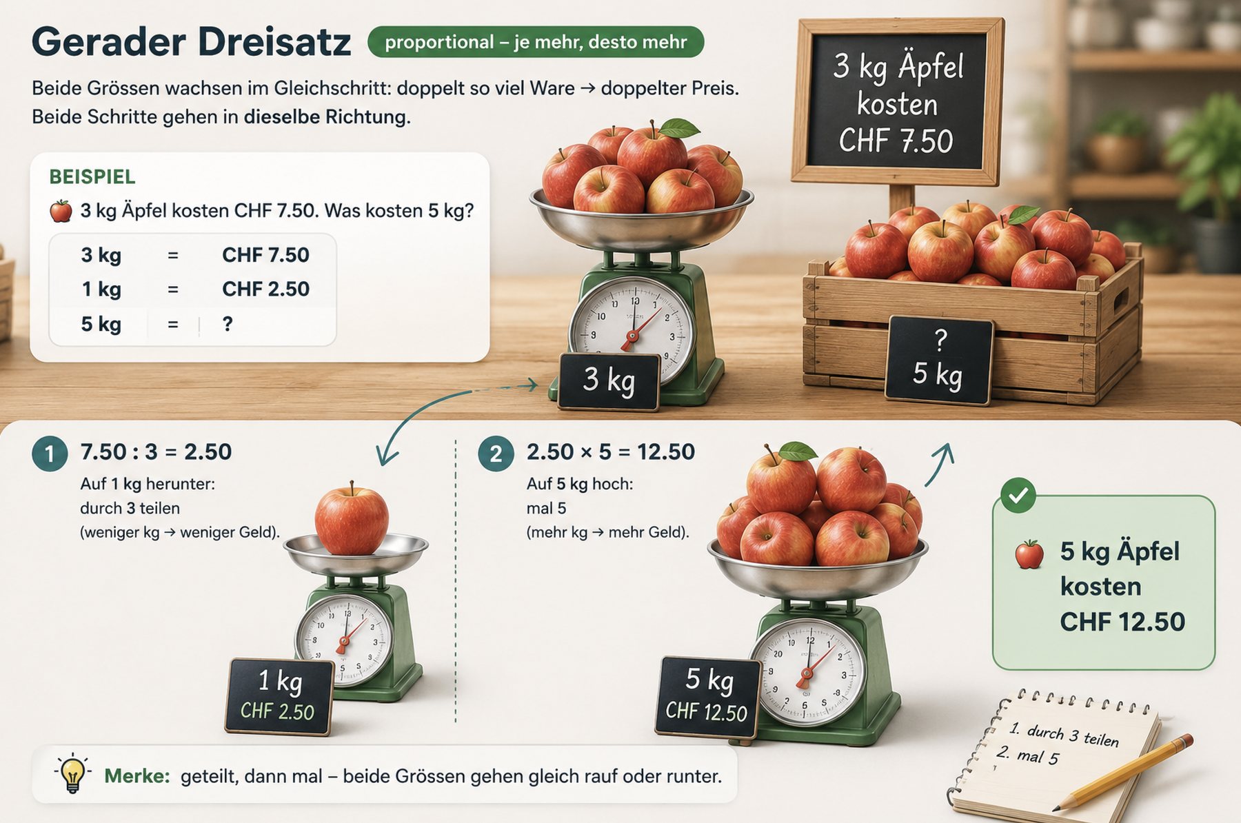 Gerader Dreisatz am Beispiel Äpfel: 3 kg kosten CHF 7.50, 1 kg kostet CHF 2.50, 5 kg kosten CHF 12.50.