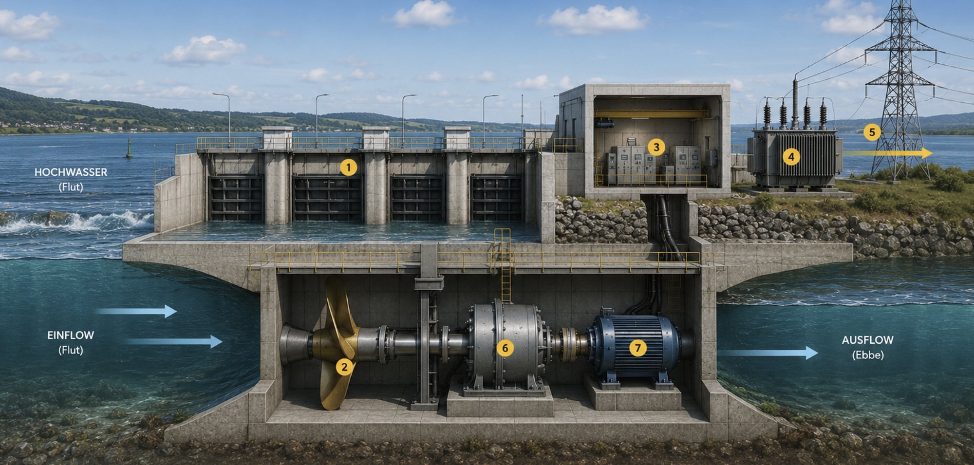 Schnittbild eines Gezeitenkraftwerks: Wehranlage mit Sieltoren im Damm, darunter im Schnitt eine liegende Rohrturbine mit Welle, Getriebe und Generator, darüber Schaltanlage und Transformator, rechts Freileitung, links das höher stehende Meer bei Flut, rechts das Auslaufwasser bei Ebbe