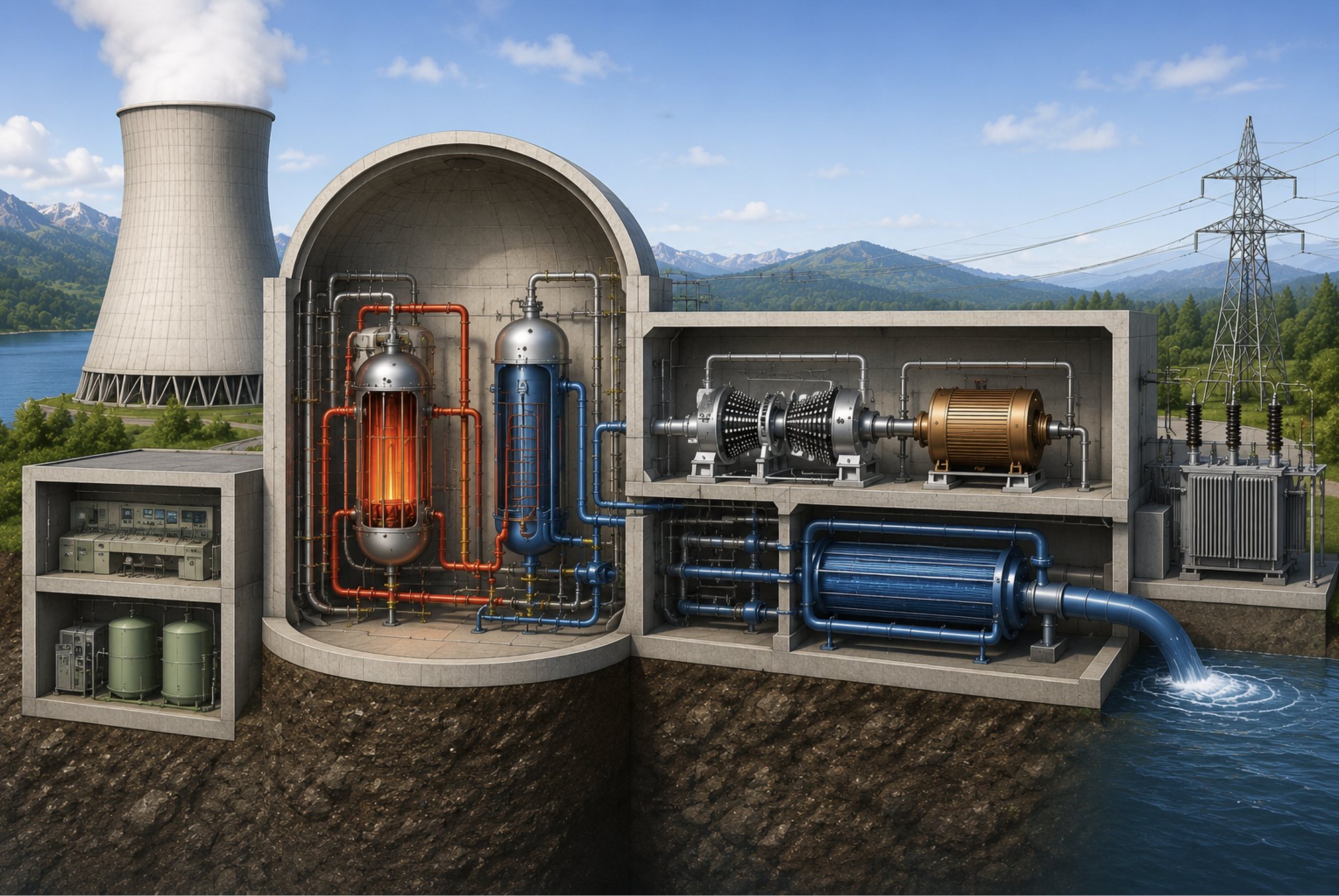 Schnittbild eines Kernkraftwerks: Kühlturm, Sicherheitsbehälter mit Reaktordruckbehälter und Dampferzeuger, Maschinenhaus mit Turbine und Generator, Kondensator, Transformator und Freileitung