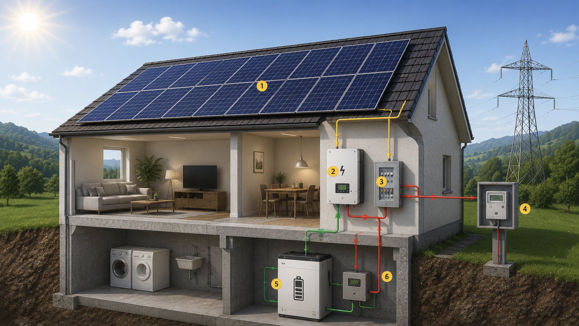 Schnittbild eines Einfamilienhauses mit Photovoltaikanlage: Solarmodule auf dem Dach, Wechselrichter und Hausverteilung an der Wand, Stromzähler aussen, Batteriespeicher und Energiemanagement im Keller