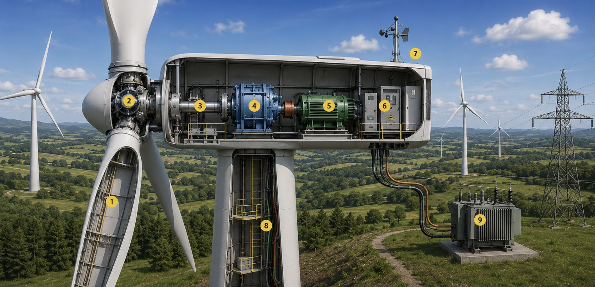 Schnittbild einer Windkraftanlage: Rotorblätter mit Blattverstellung, Hauptwelle, Getriebe, Generator und Steuerung in der geöffneten Gondel, Windmessgerät auf dem Dach, Turm mit Leiter und Kabeln, Transformator und Freileitung im Hintergrund