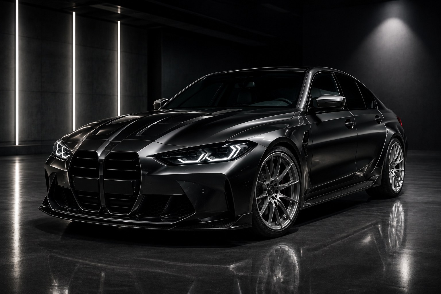Dunkler Showroom mit einem schwarzen Auto