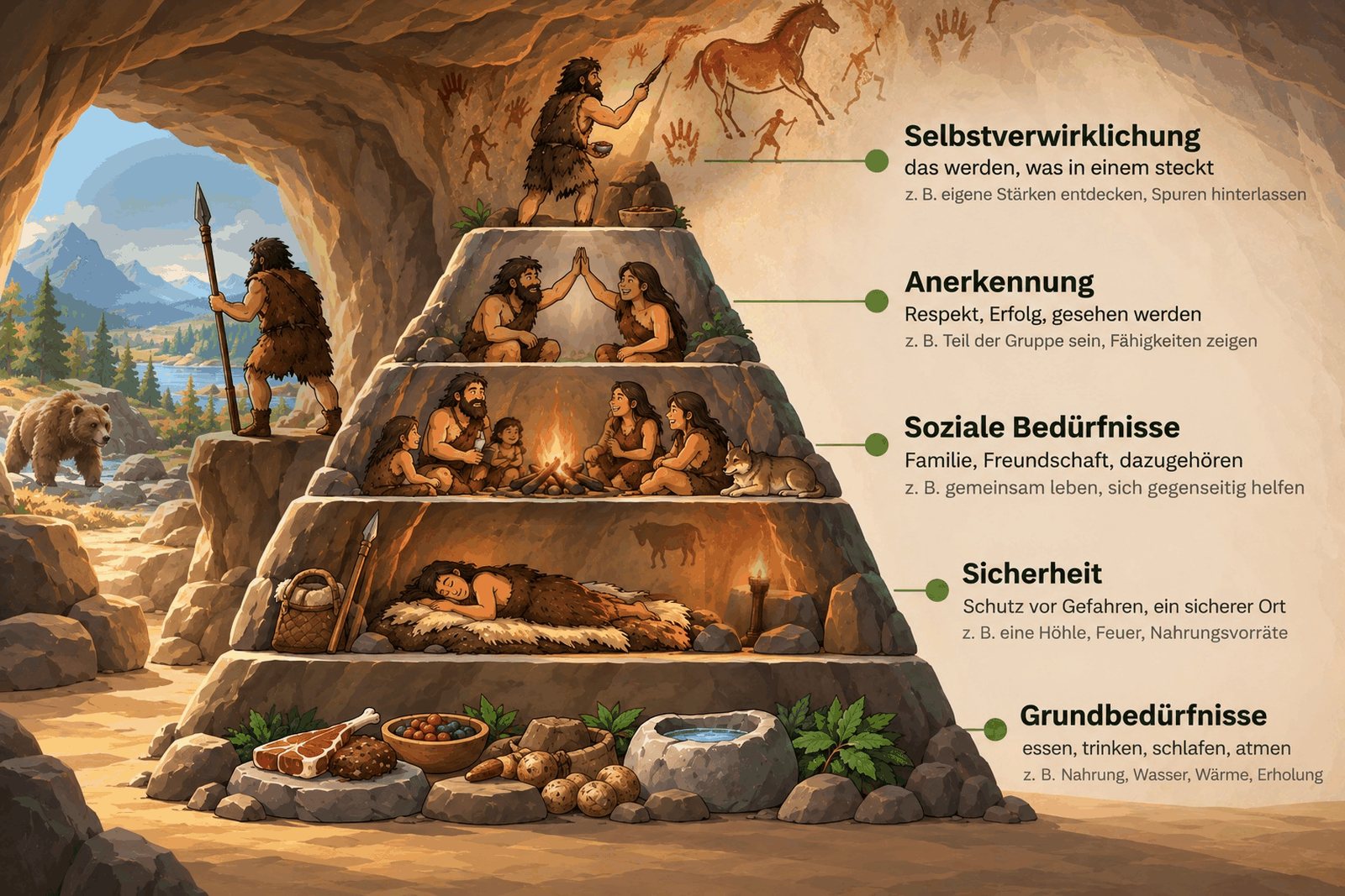Bedürfnispyramide als Steinzeitsiedlung mit fünf Ebenen