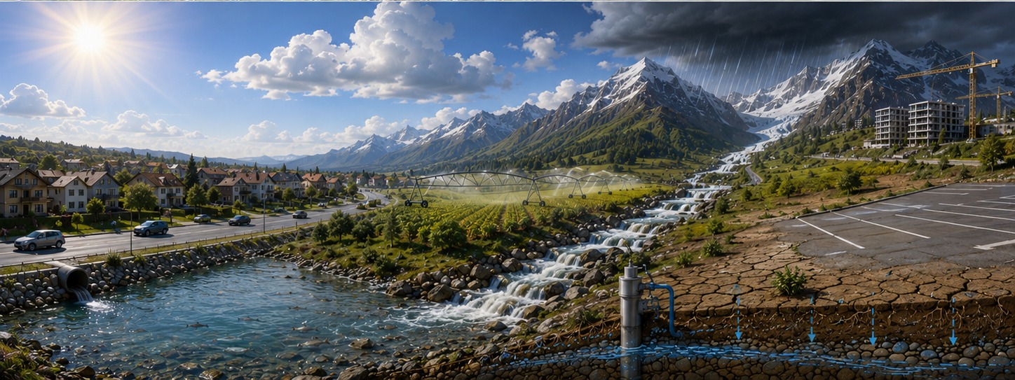 Dieselbe Landschaft mit Siedlung, Feldern, Staumauer und Grundwasserbrunnen