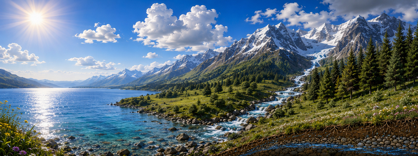 Landschaft mit Meer, Bergen, Wald und Bodenquerschnitt als Bühne für den Wasserkreislauf