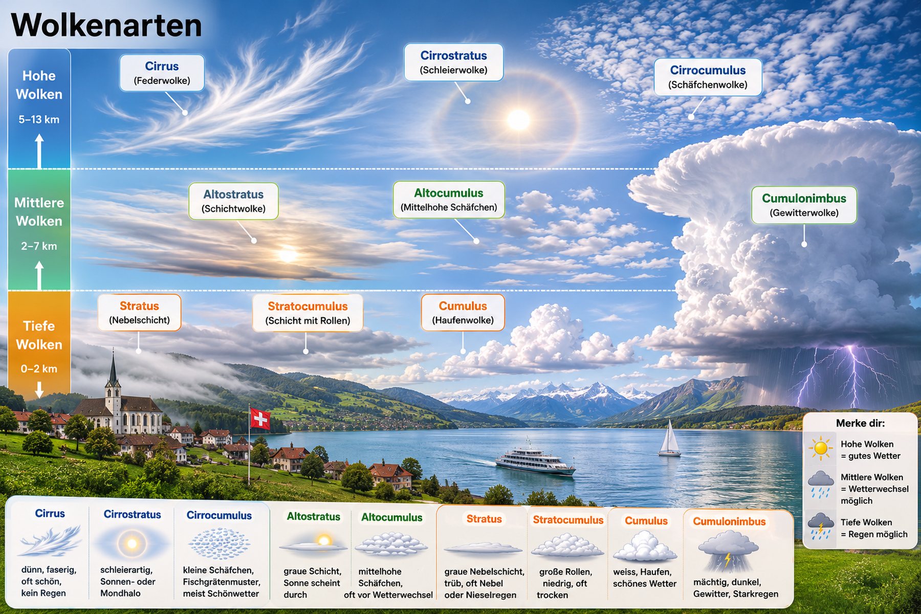 Schweizer Seelandschaft mit allen zehn Wolkengattungen: Cirrus, Cirrostratus und Cirrocumulus zuoberst, Altostratus und Altocumulus in der Mitte, Stratus, Stratocumulus und Cumulus tief, rechts ein Cumulonimbus mit Gewitter.