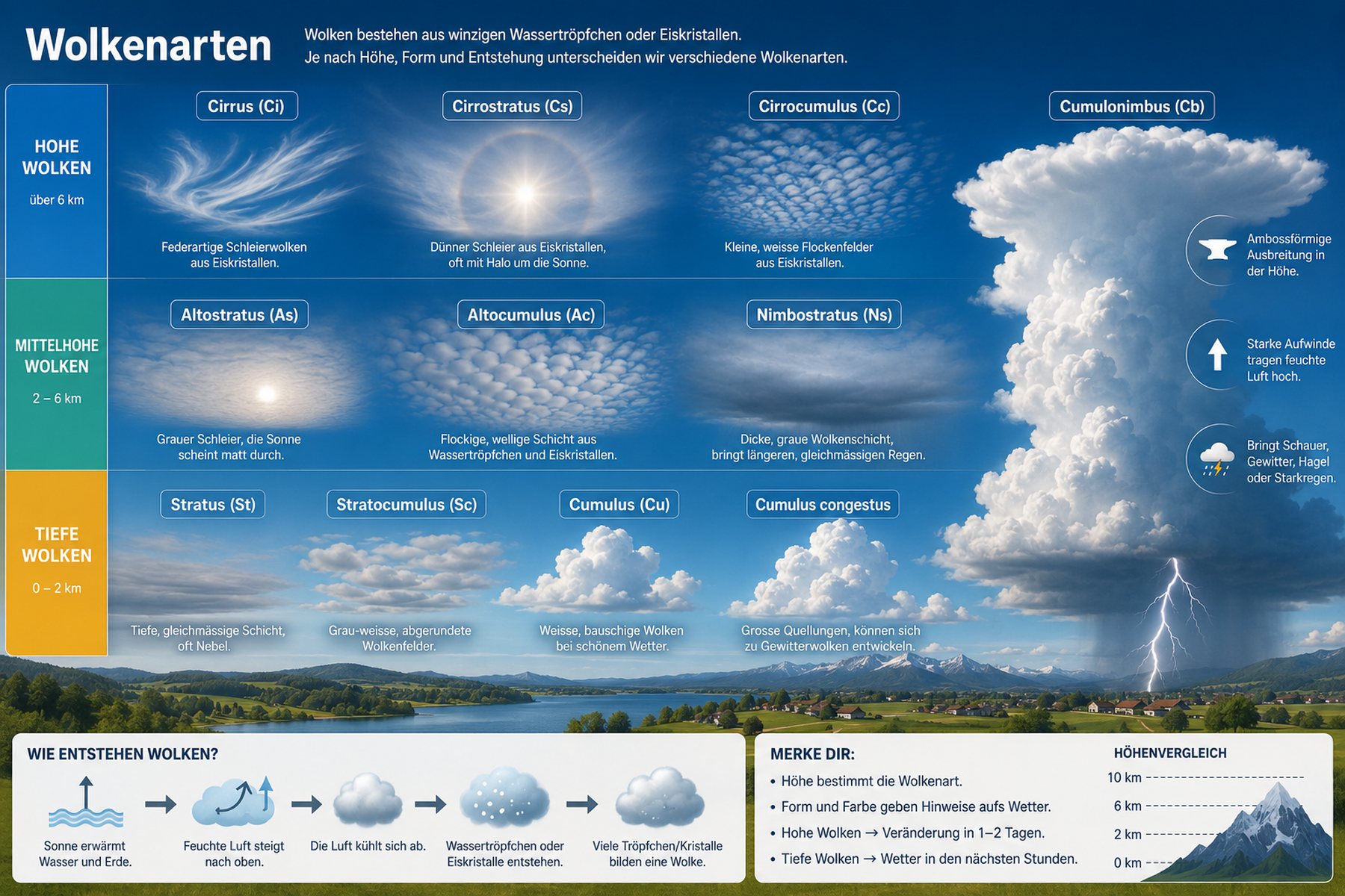 Übersichtstafel der Wolkenarten, nach Stockwerken geordnet, mit Entstehungskette und Höhenvergleich.